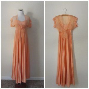 Vintage 70s Accordian Pleat Maxi Dress / Small SM / Bolero Lace Cropped Top Coat